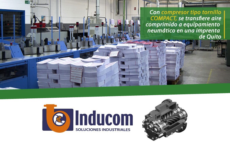 Con compresor tipo tornillo, se transfiere aire comprimido a equipamiento neumático en una imprenta de Quito